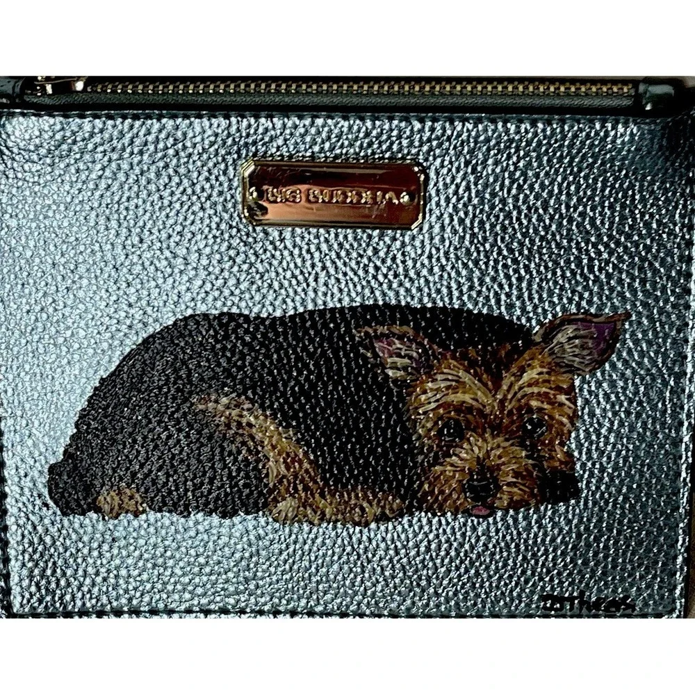 Big‎ Buddha Aqua Metallic Leather Pouch Hand Painted Yorkie Dog Clutch Bag